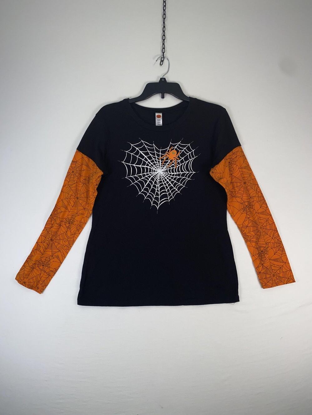 Halloween Shirt Unisex Kids XL 15-17 Black Orange Spider Web Long Sleeve Top